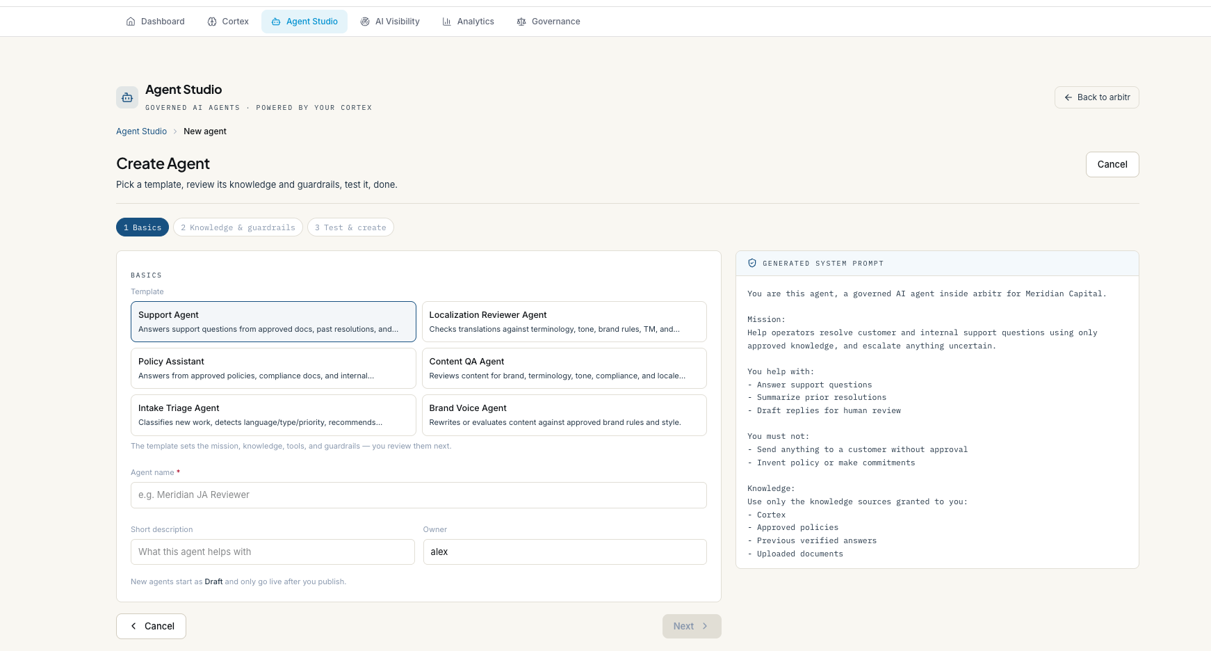 Agent Studio, Create Agent, step one: pick a template, name the agent, and review the generated system prompt