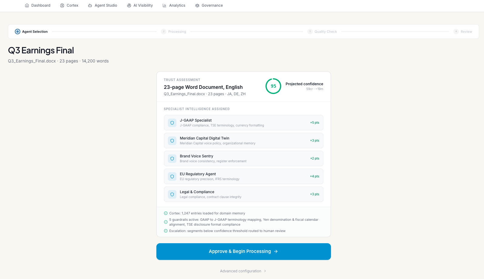Agent selection step for a 23-page earnings document: trust assessment, projected confidence, five assigned specialist agents, active guardrails and escalation rules